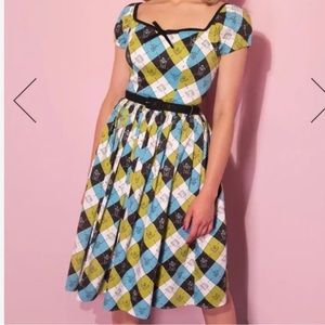 Vixen by Micheline Pitt GHOSTBUSTERS Argyle Plaid Bardot Swing Dress small